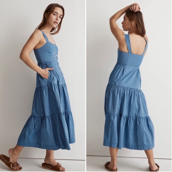 Madewell Stripe Button Front Tiered Midi Dress - Picture 3 of 4